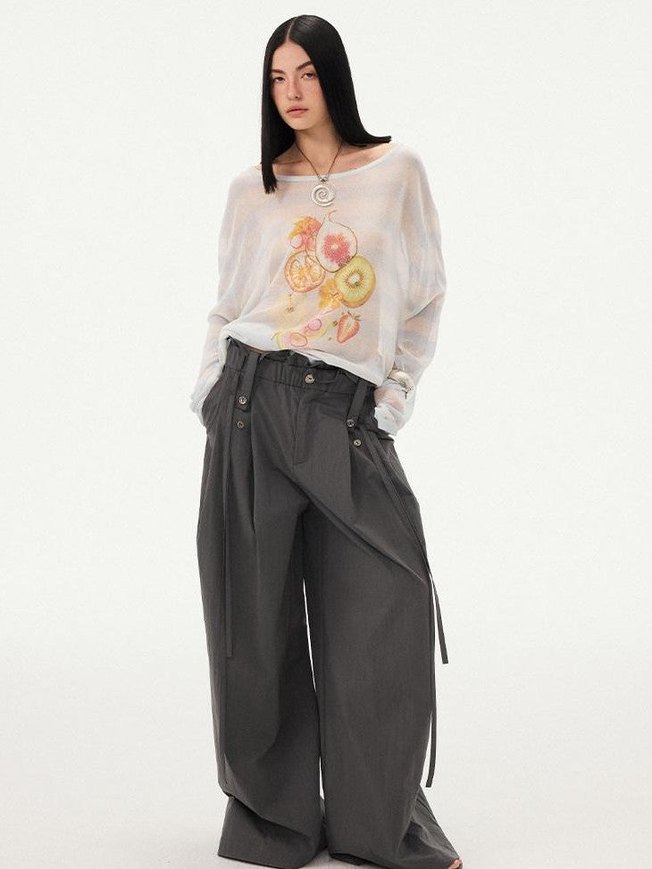 DIDDI MODA Frilled Lace Pleated High Waist Button Women&