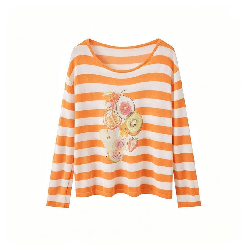 DIDDI_MODA_Fruit_Print_Striped_Drop_Shoulder_Loose_Round_Neck_Women&