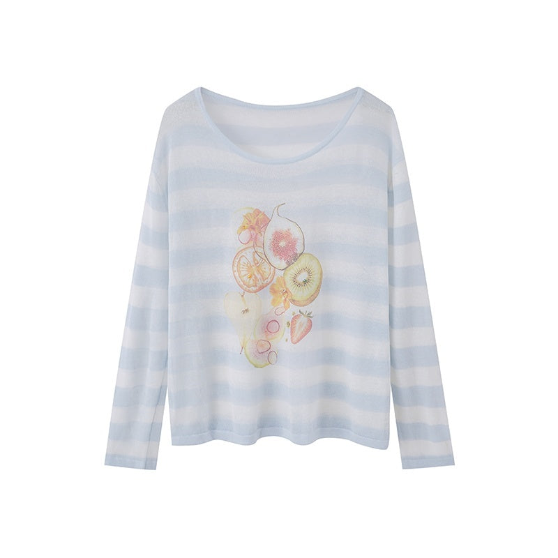DIDDI_MODA_Fruit_Print_Striped_Drop_Shoulder_Loose_Round_Neck_Women&