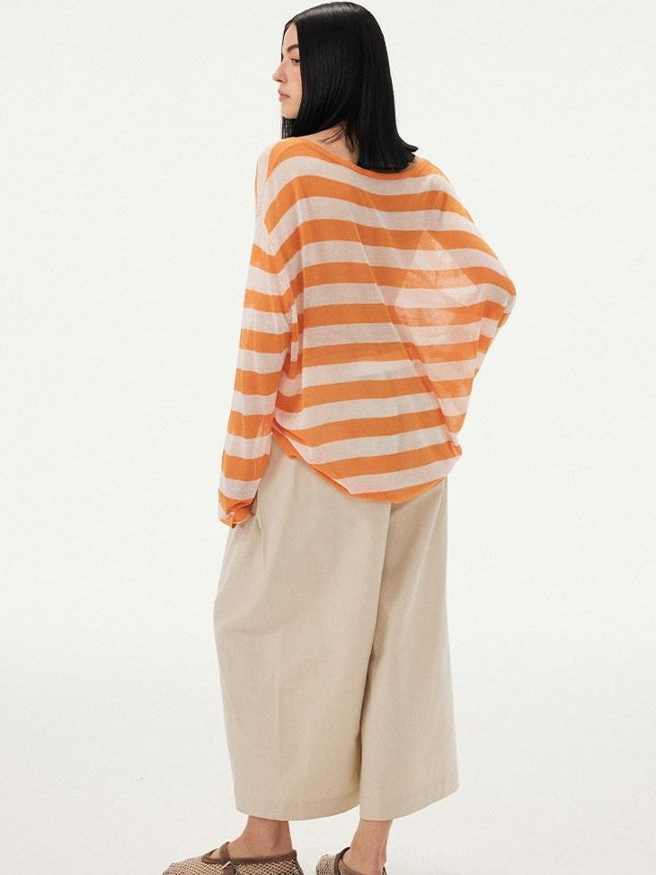 DIDDI MODA Fruit Print Striped Drop Shoulder Loose Round Neck Women&