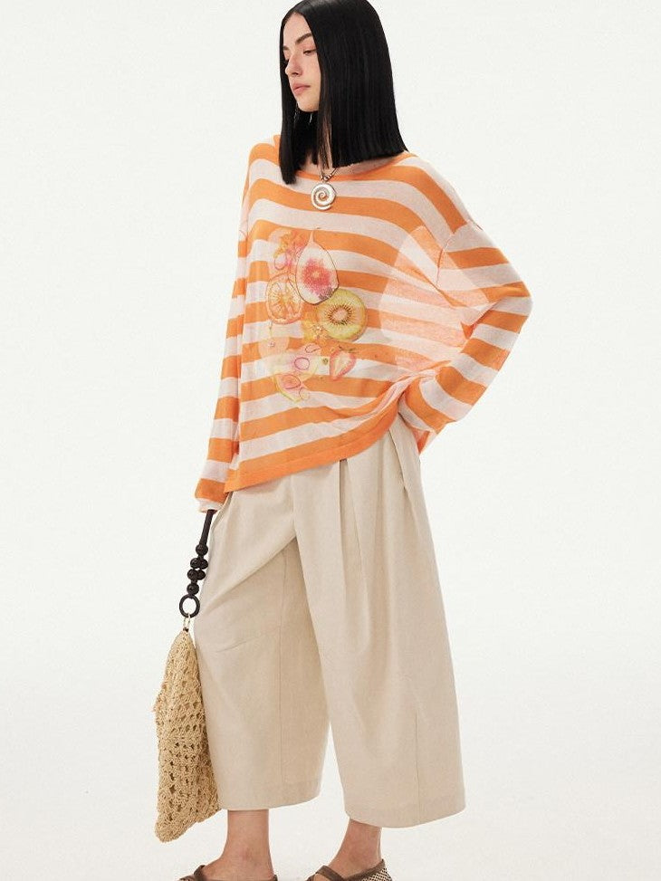 DIDDI MODA Fruit Print Striped Drop Shoulder Loose Round Neck Women&