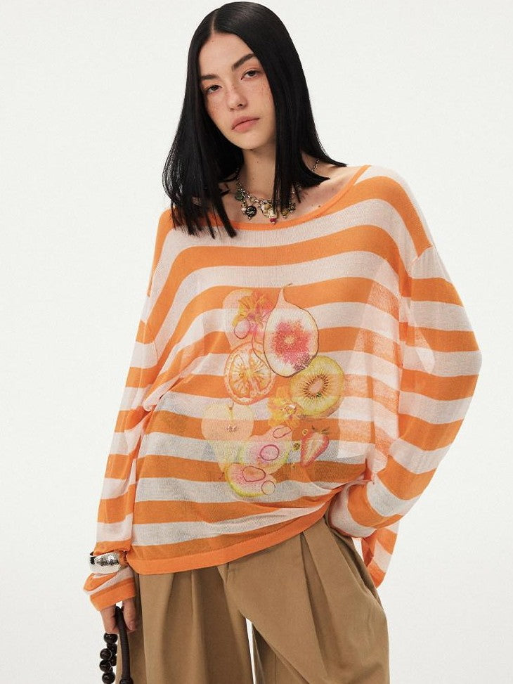 DIDDI MODA Fruit Print Striped Drop Shoulder Loose Round Neck Women&