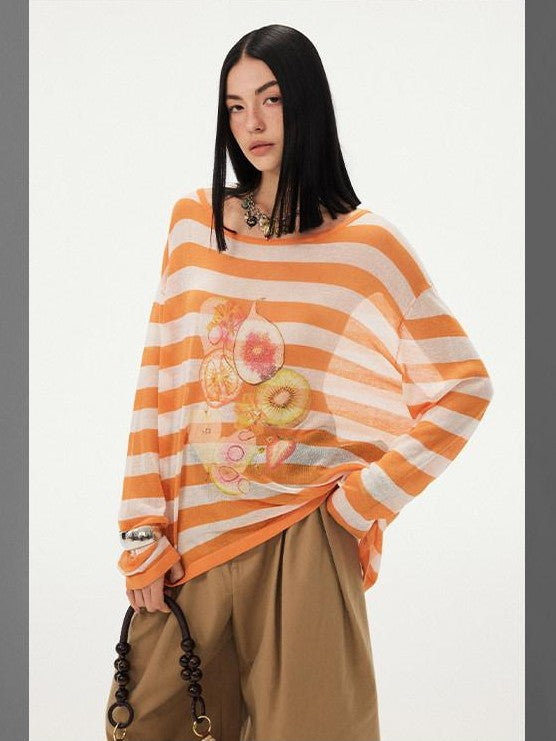 DIDDI MODA Fruit Print Striped Drop Shoulder Loose Round Neck Women&