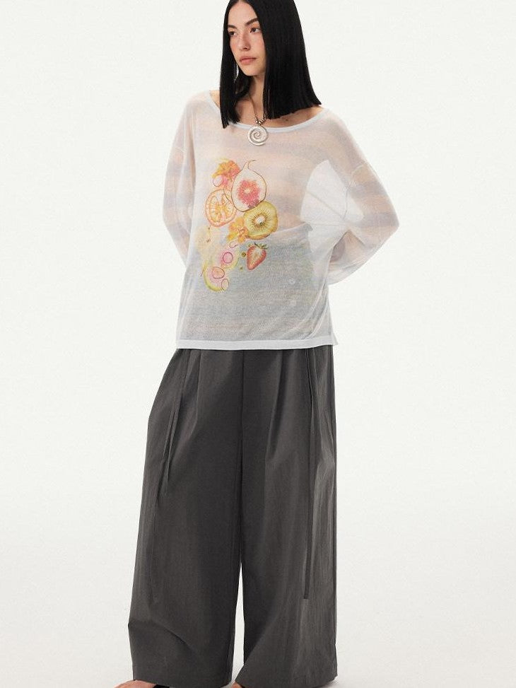 DIDDI MODA Fruit Print Striped Drop Shoulder Loose Round Neck Women&