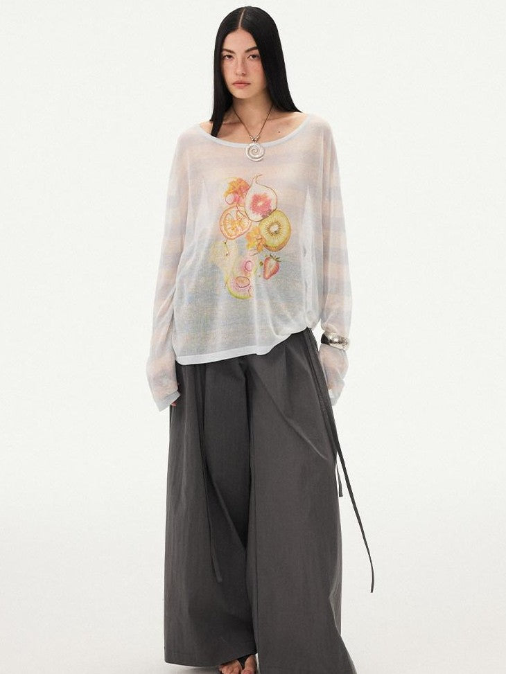 DIDDI MODA Fruit Print Striped Drop Shoulder Loose Round Neck Women&