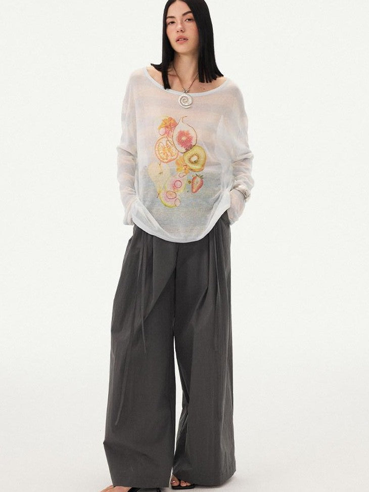 DIDDI MODA Fruit Print Striped Drop Shoulder Loose Round Neck Women&
