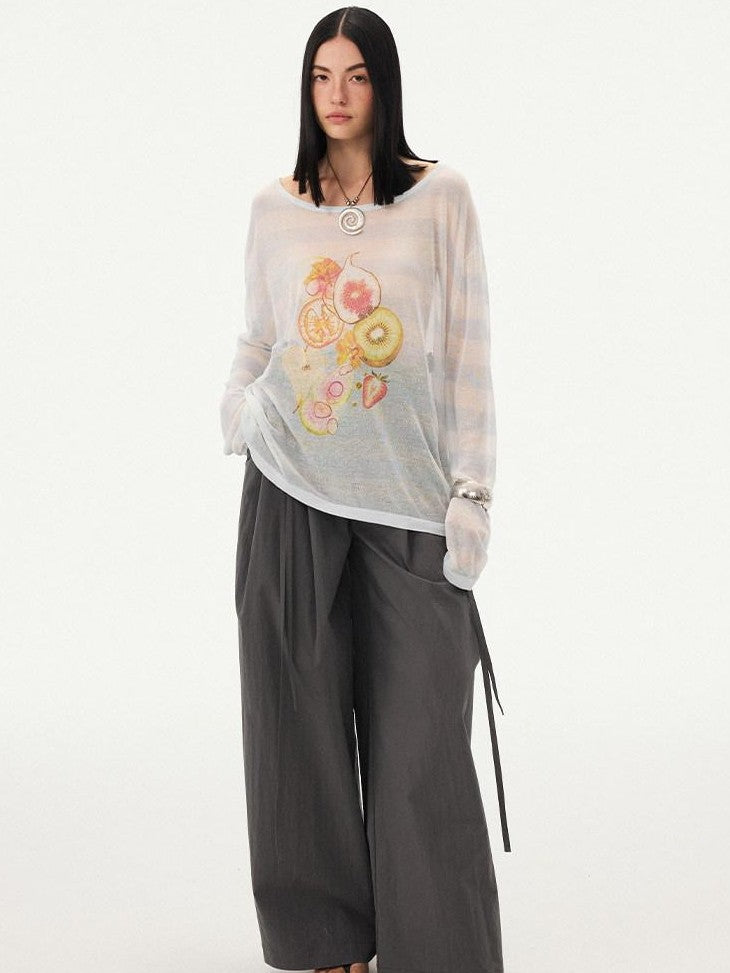 DIDDI MODA Fruit Print Striped Drop Shoulder Loose Round Neck Women&