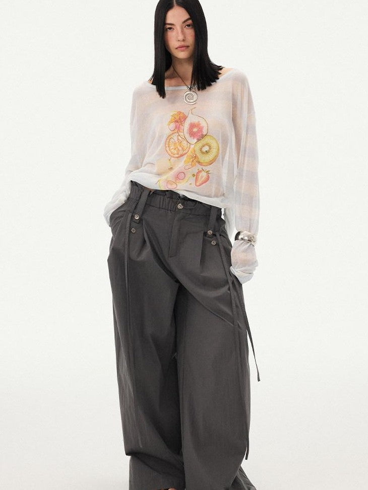 DIDDI MODA Fruit Print Striped Drop Shoulder Loose Round Neck Women&