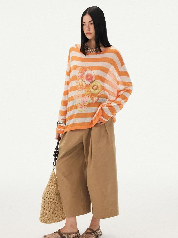 DIDDI MODA Fruit Print Striped Drop Shoulder Loose Round Neck Women&