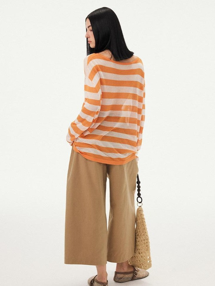 DIDDI MODA Fruit Print Striped Drop Shoulder Loose Round Neck Women&