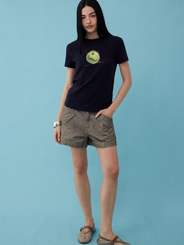 DIDDI MODA Fruit Rhinestone Crew Neck Slim Fit Women&