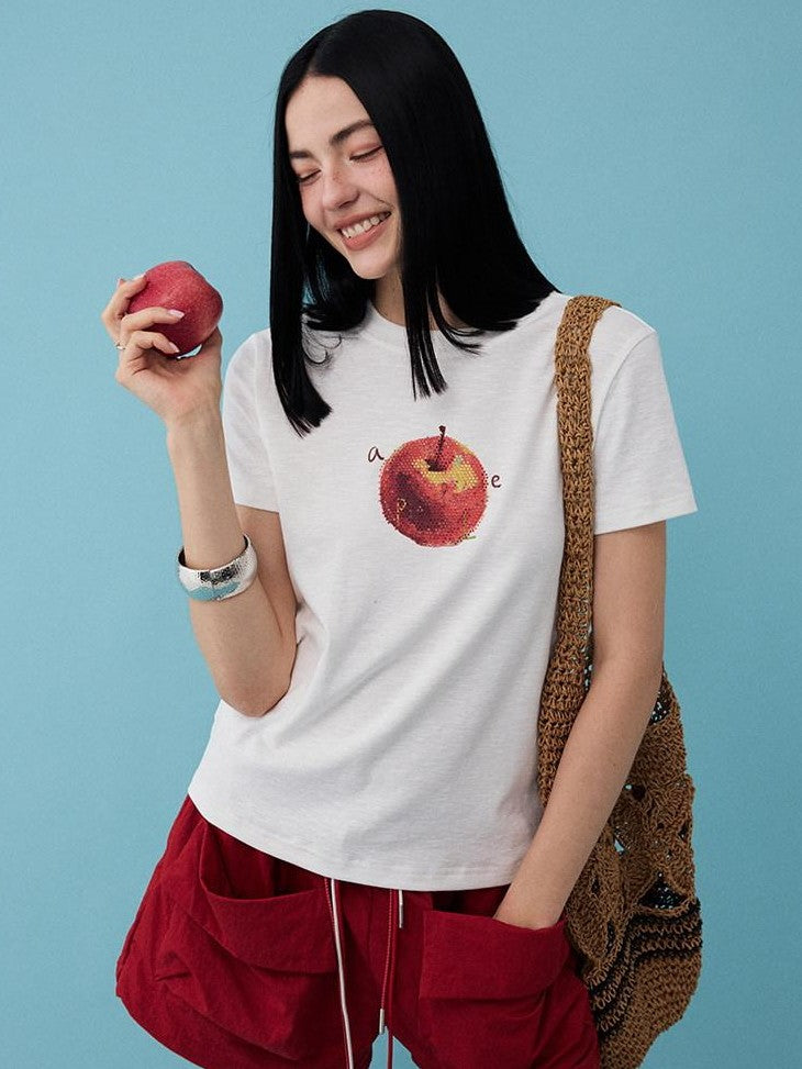 DIDDI MODA Fruit Rhinestone Crew Neck Slim Fit Women&