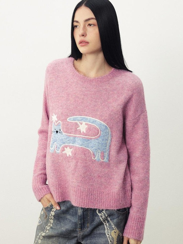 DIDDI MODA Funny Cat Jacquard Loose Fit Wool Blend Women&