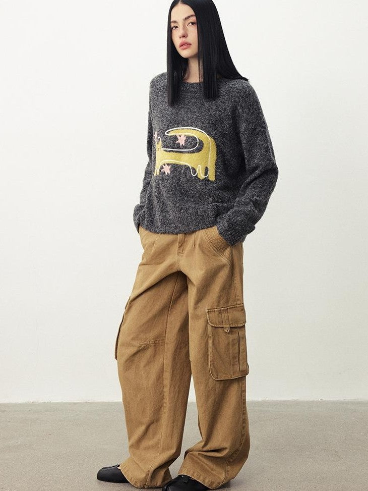 DIDDI MODA Funny Cat Jacquard Loose Fit Wool Blend Women&