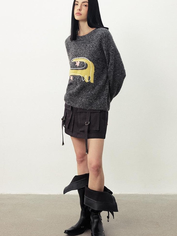 DIDDI MODA Funny Cat Jacquard Loose Fit Wool Blend Women&