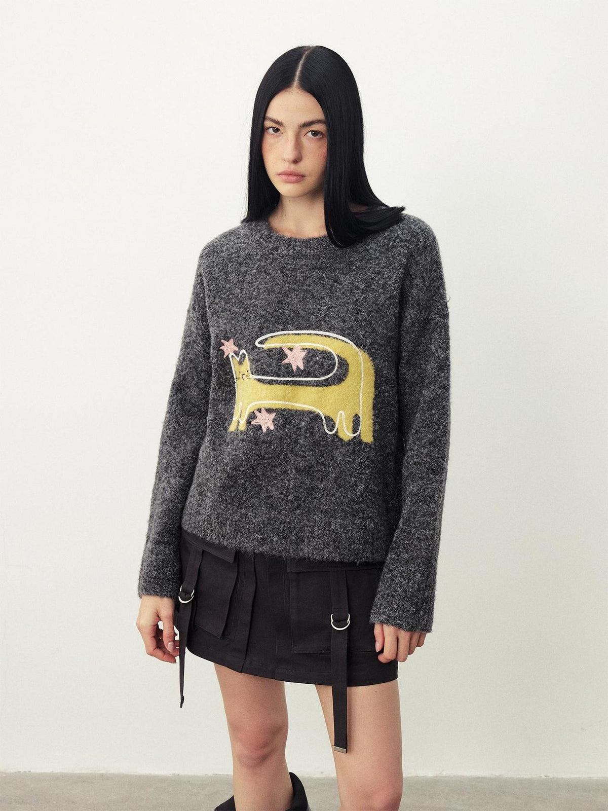 DIDDI MODA Funny Cat Jacquard Loose Fit Wool Blend Women&