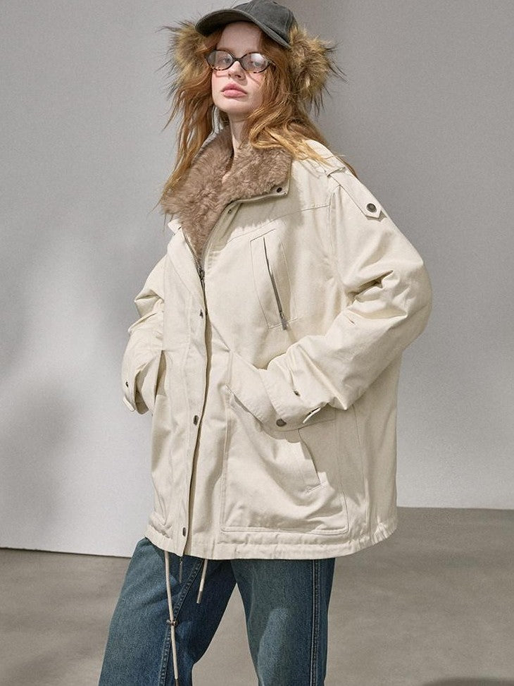 DIDDI MODA Fur Collar Spliced Zipper Long Sleeve Women&