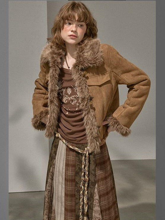 DIDDI MODA Fur Lined Faux Suede Turn Down Collar Women&