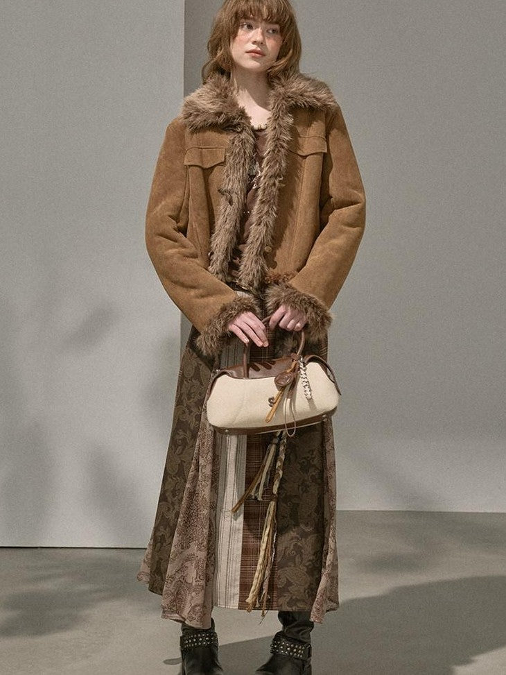 DIDDI MODA Fur Lined Faux Suede Turn Down Collar Women&