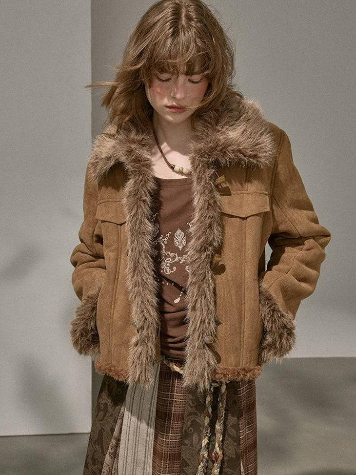 DIDDI MODA Fur Lined Faux Suede Turn Down Collar Women&