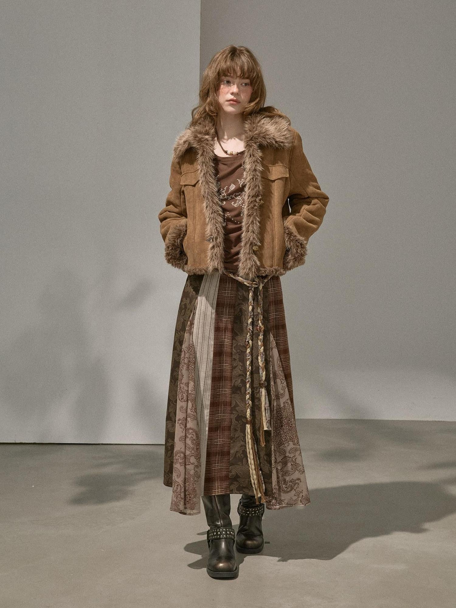 DIDDI MODA Fur Lined Faux Suede Turn Down Collar Women&