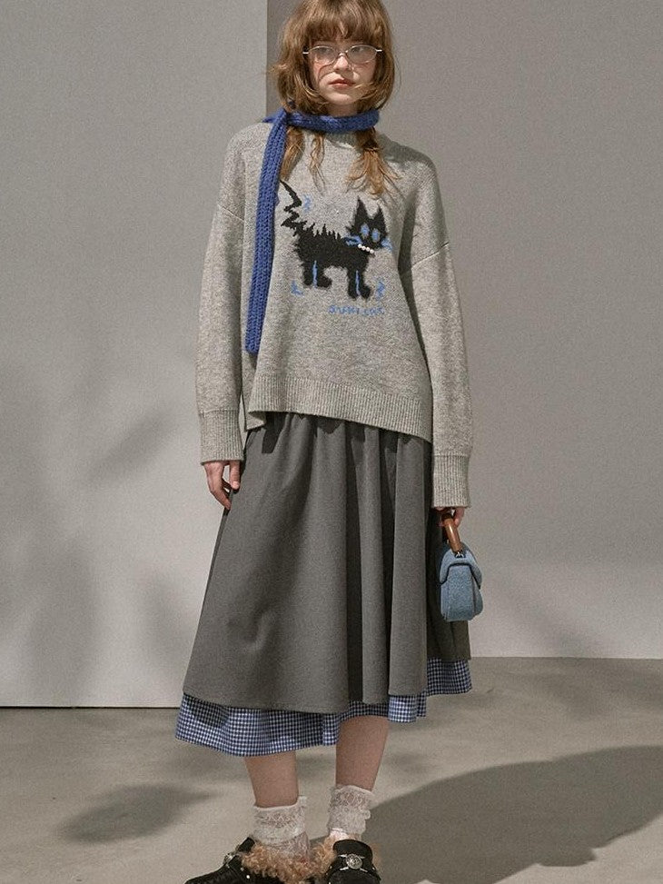 DIDDI MODA Fuzzy Kitten Necklace Drop Shoulder Crewneck Knit Women&