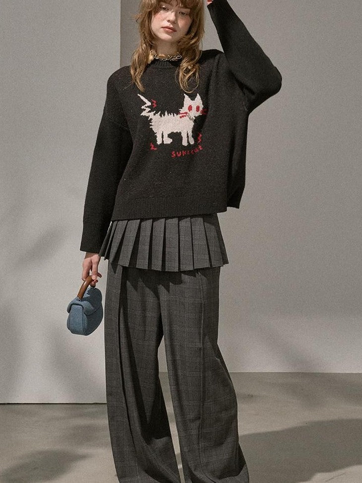 DIDDI MODA Fuzzy Kitten Necklace Drop Shoulder Crewneck Knit Women&