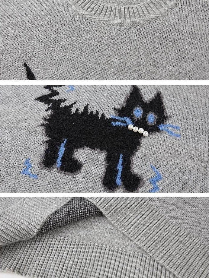 DIDDI MODA Fuzzy Kitten Necklace Drop Shoulder Crewneck Knit Women&
