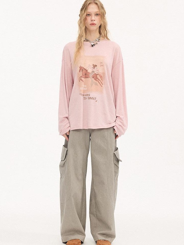 DIDDI MODA Galloping Horse Print Crewneck Long Sleeve Loose Pullover Women&