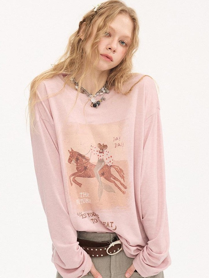 DIDDI MODA Galloping Horse Print Crewneck Long Sleeve Loose Pullover Women&