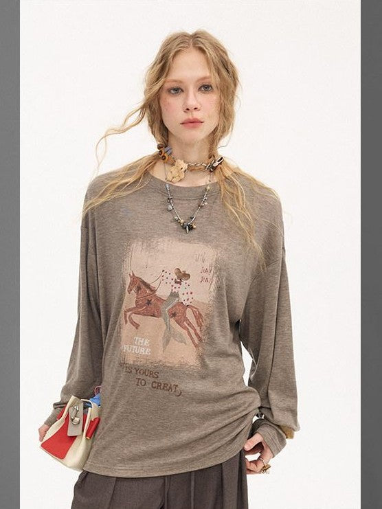 DIDDI MODA Galloping Horse Print Crewneck Long Sleeve Loose Pullover Women&