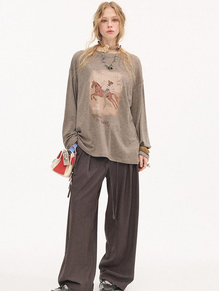 DIDDI MODA Galloping Horse Print Crewneck Long Sleeve Loose Pullover Women&
