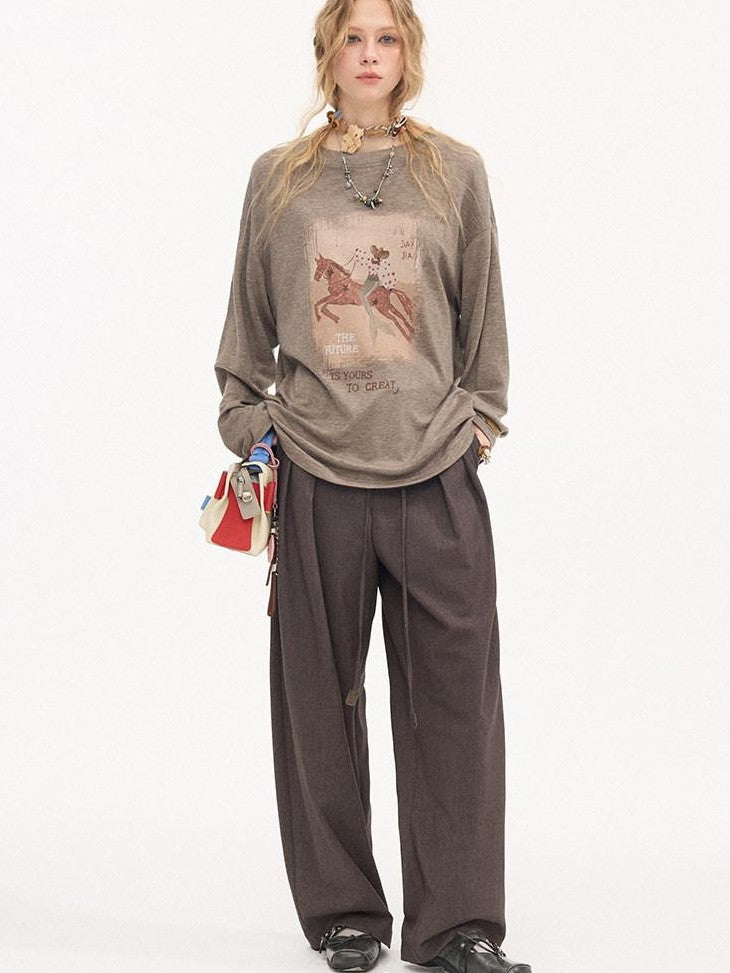 DIDDI MODA Galloping Horse Print Crewneck Long Sleeve Loose Pullover Women&