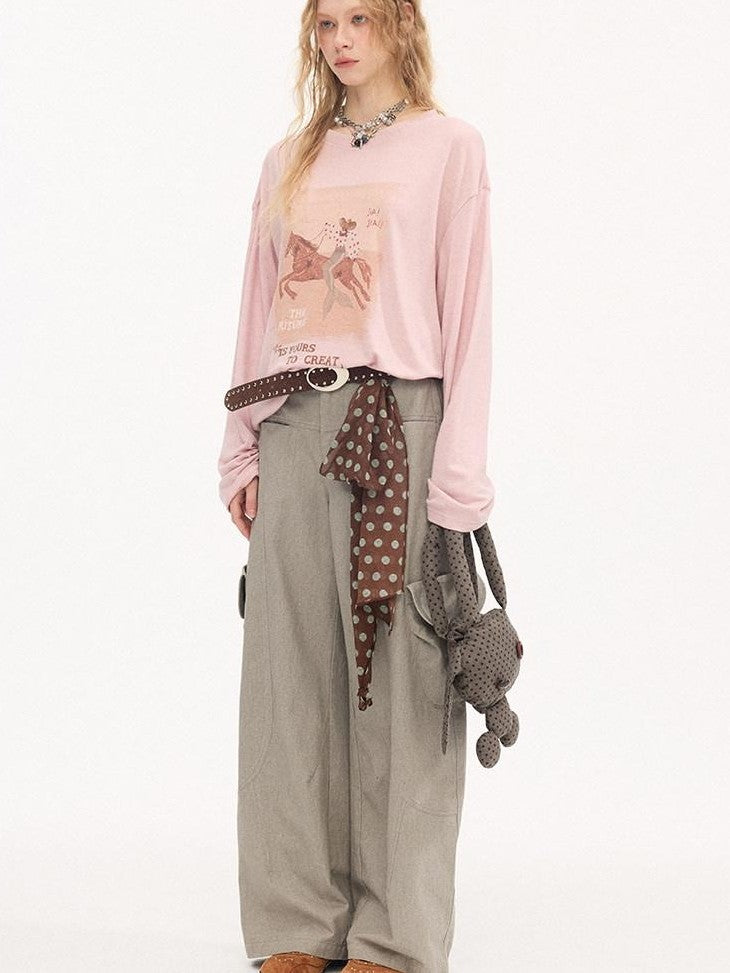 DIDDI MODA Galloping Horse Print Crewneck Long Sleeve Loose Pullover Women&