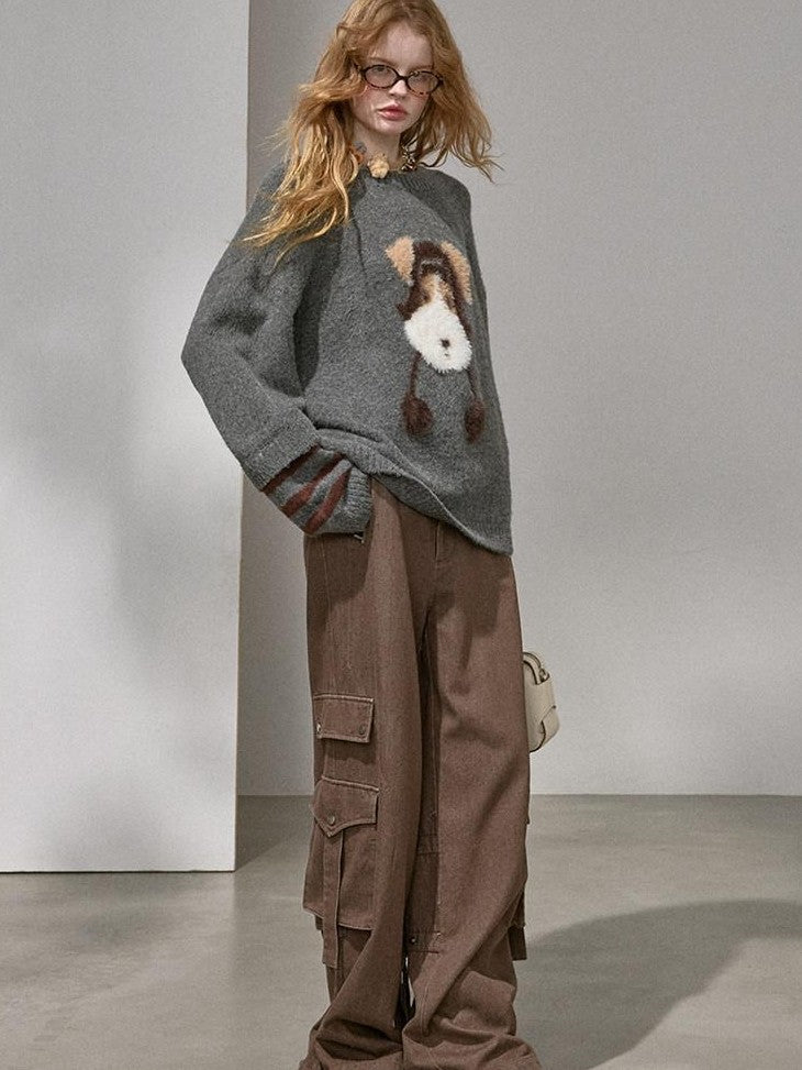 DIDDI MODA Gray Puppy And Kissing Bear Square Neck Long Sleeve Loose Women&