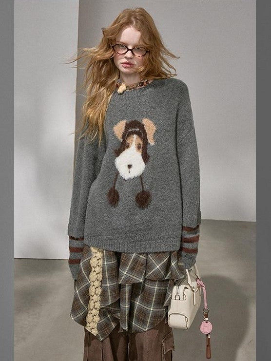DIDDI MODA Gray Puppy And Kissing Bear Square Neck Long Sleeve Loose Women&