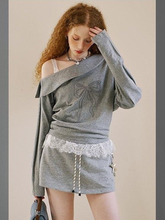 DIDDI MODA Grey Knit Lapel Bow Cardigan Women&