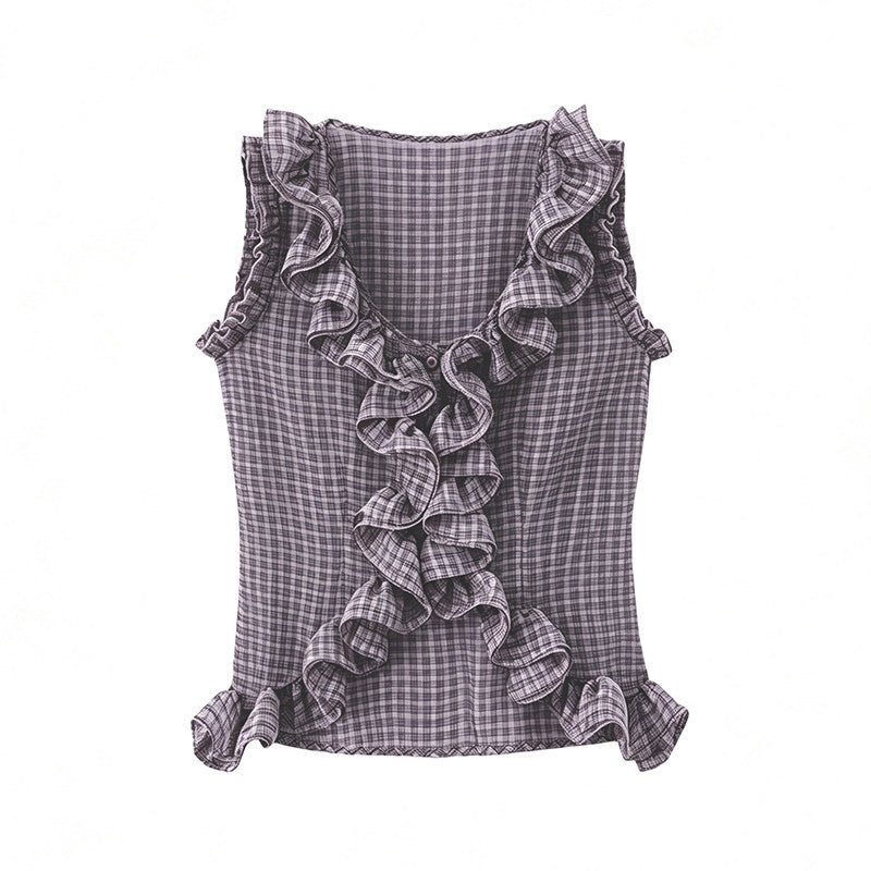 DIDDI_MODA_Grey_Purple_Plaid_3d_Lace_Trim_Slim_Waist_V-neck_Cropped_Women&