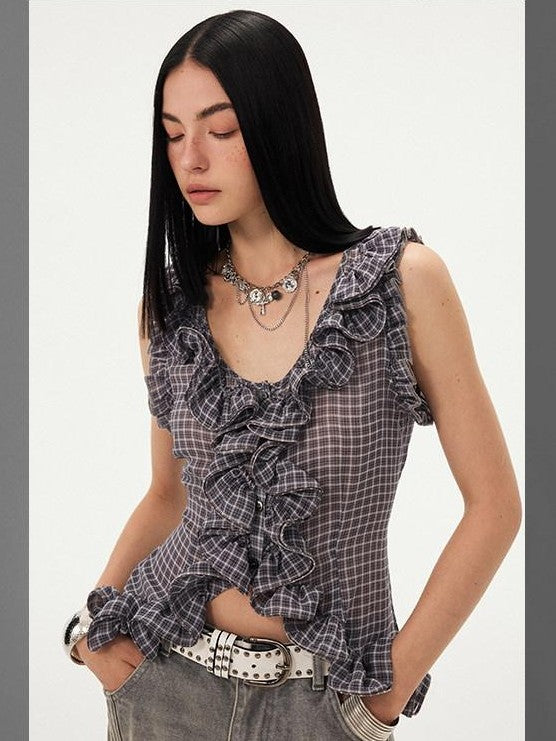 DIDDI MODA Grey Purple Plaid 3d Lace Trim Slim Waist V-neck Cropped Women&