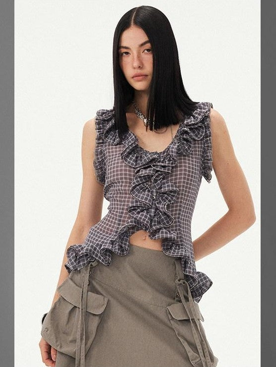DIDDI MODA Grey Purple Plaid 3d Lace Trim Slim Waist V-neck Cropped Women&
