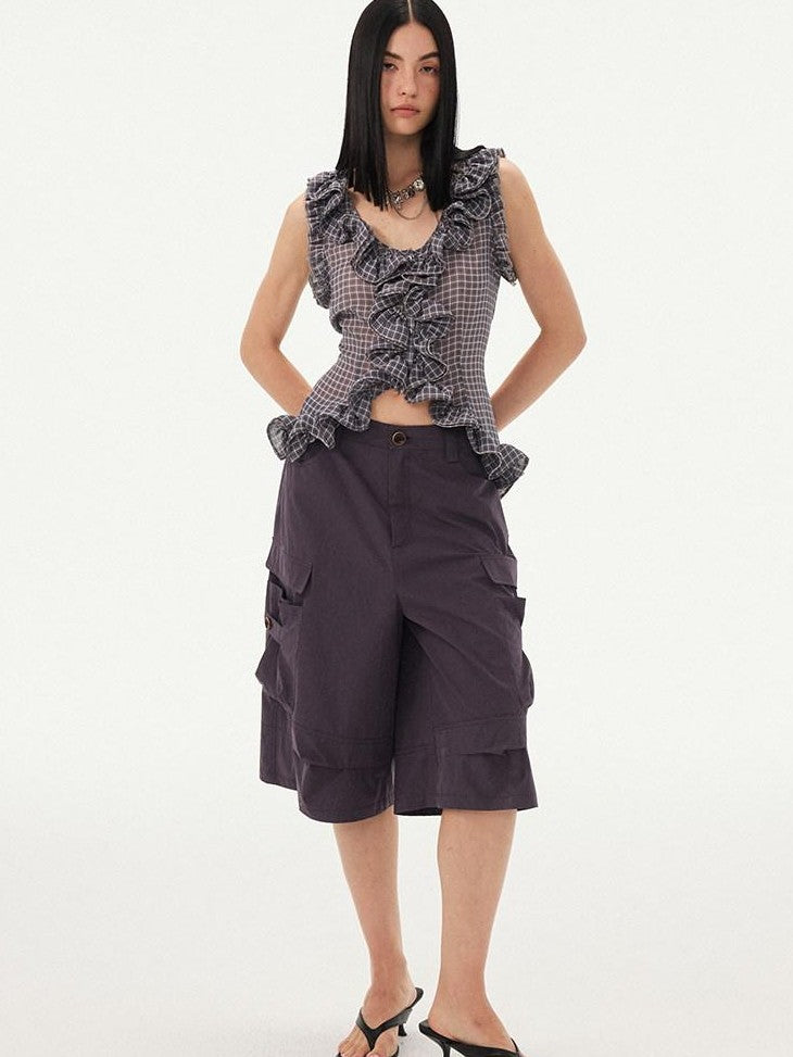 DIDDI MODA Grey Purple Plaid 3d Lace Trim Slim Waist V-neck Cropped Women&