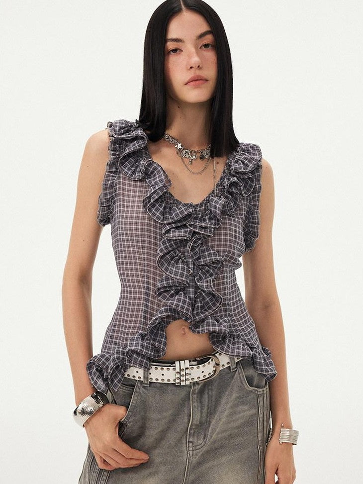 DIDDI MODA Grey Purple Plaid 3d Lace Trim Slim Waist V-neck Cropped Women&