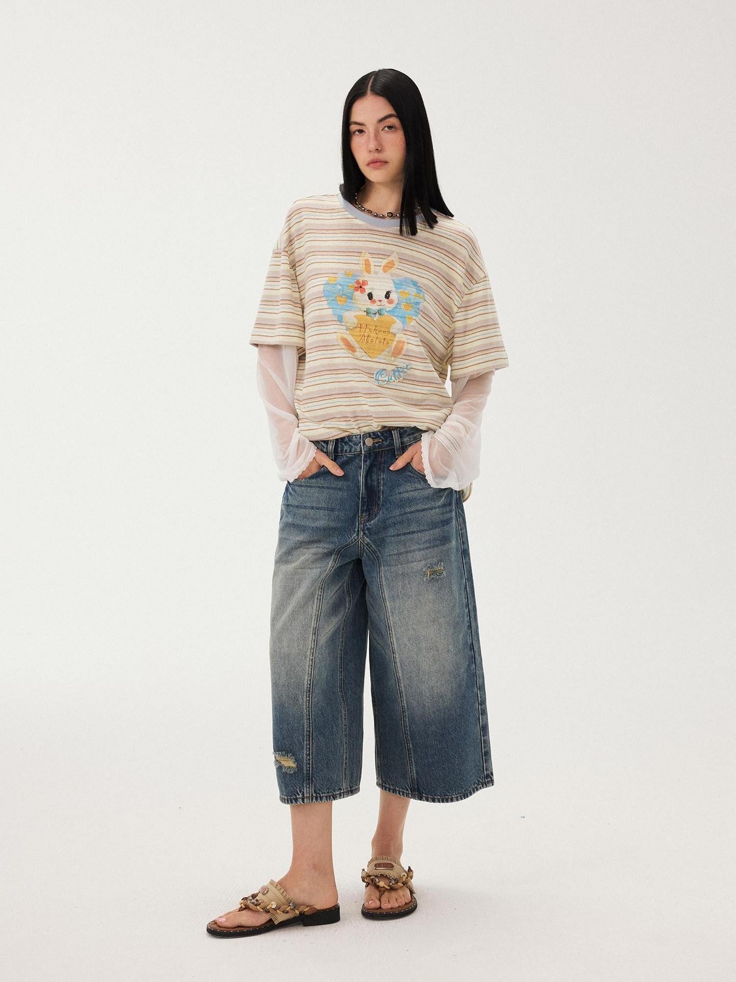 DIDDI MODA Heart Rabbit Striped Patchwork Faux Two Piece Women&