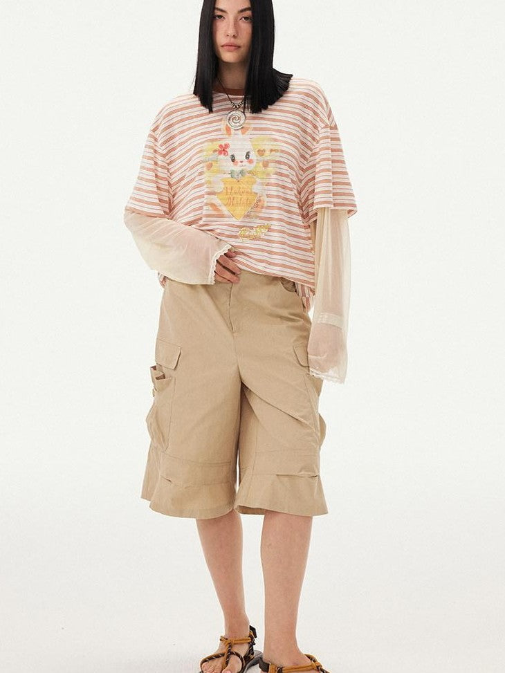 DIDDI MODA Heart Rabbit Striped Patchwork Faux Two Piece Women&