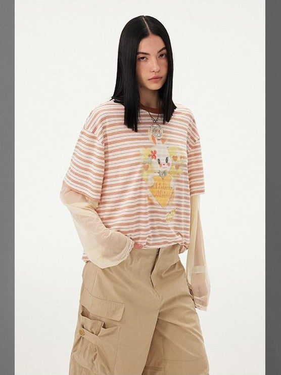 DIDDI MODA Heart Rabbit Striped Patchwork Faux Two Piece Women&