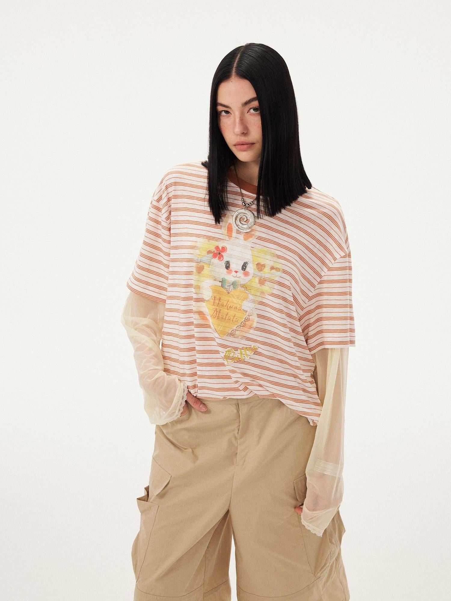 DIDDI MODA Heart Rabbit Striped Patchwork Faux Two Piece Women&