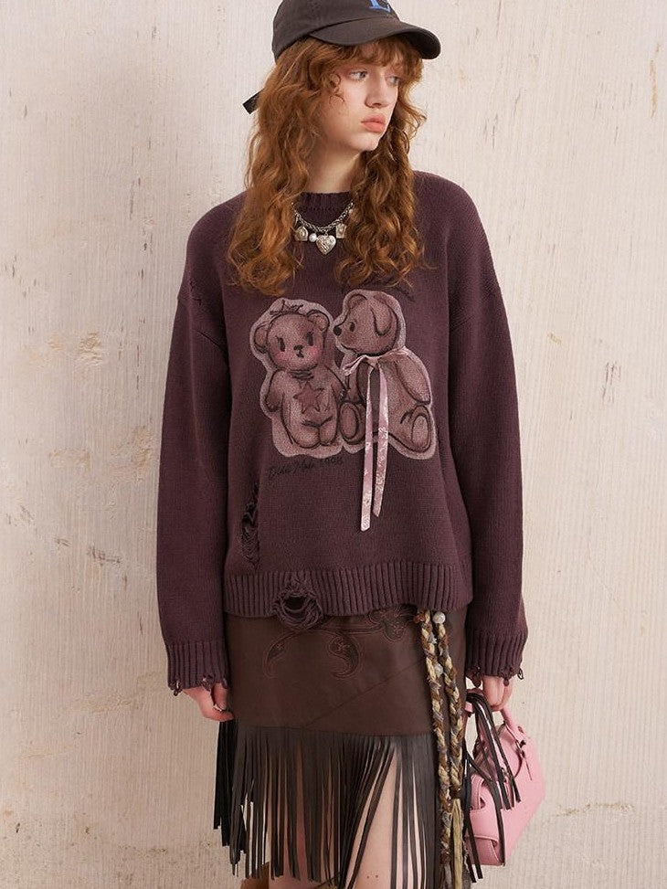 DIDDI MODA Hooded Dog And Kissing Bear Motif Loose Fit Women&