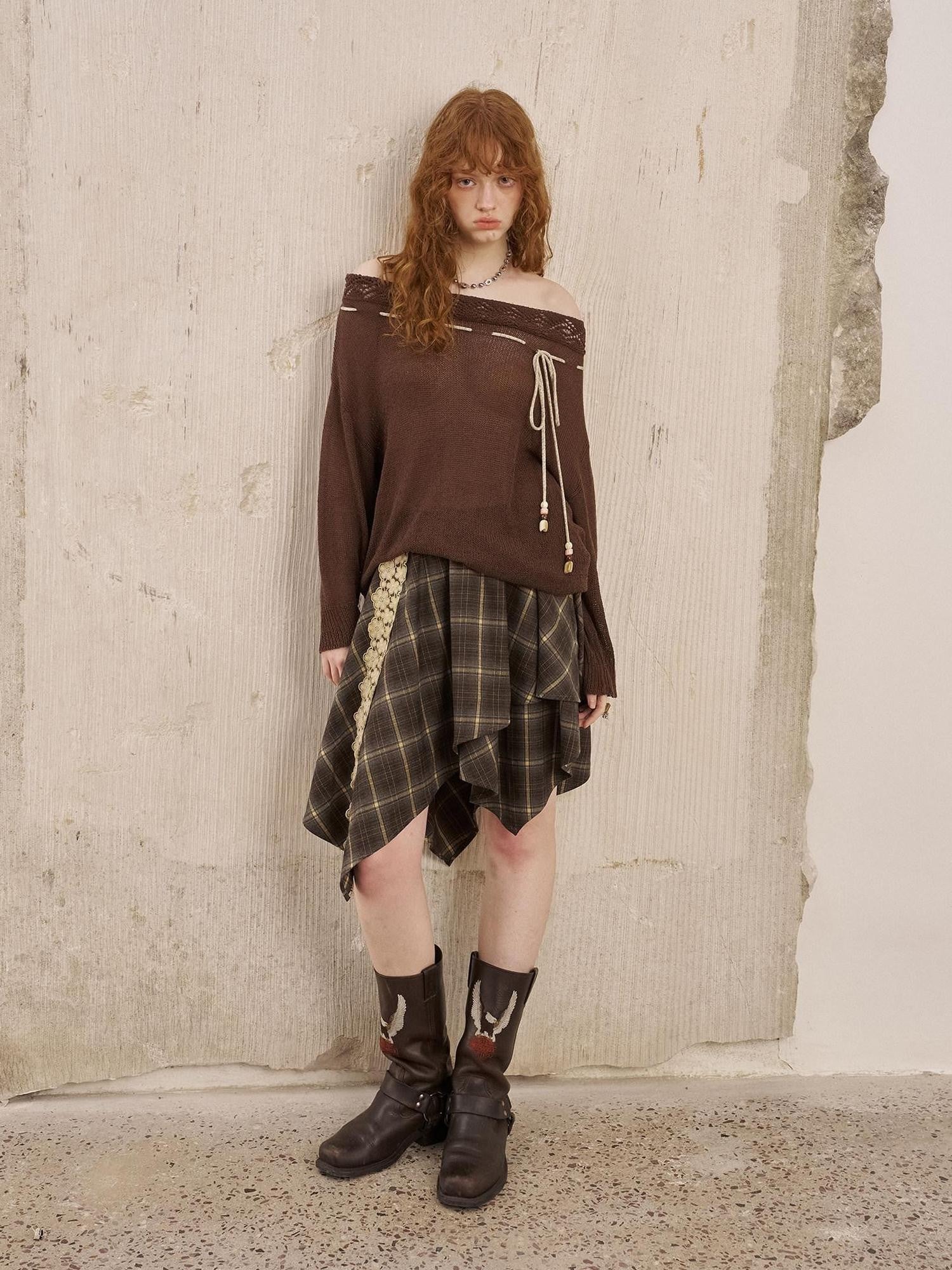 DIDDI MODA Irregular Plaid Lace Splice Asymmetric Women&
