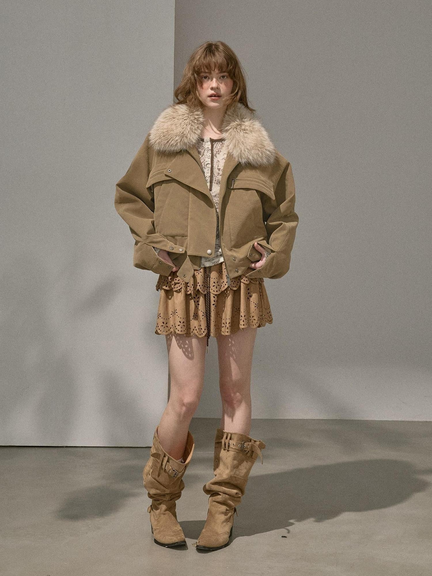 DIDDI MODA Khaki Fur Collar Pocket Cargo Women&