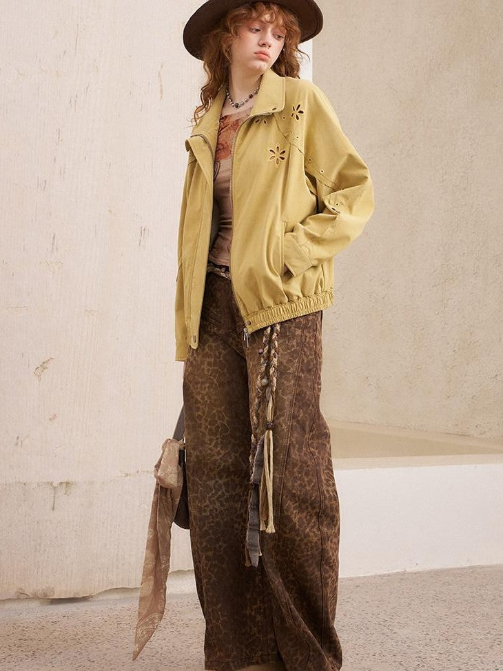 DIDDI MODA Khaki Leopard Split Panel High Waist Loose Fit Women&